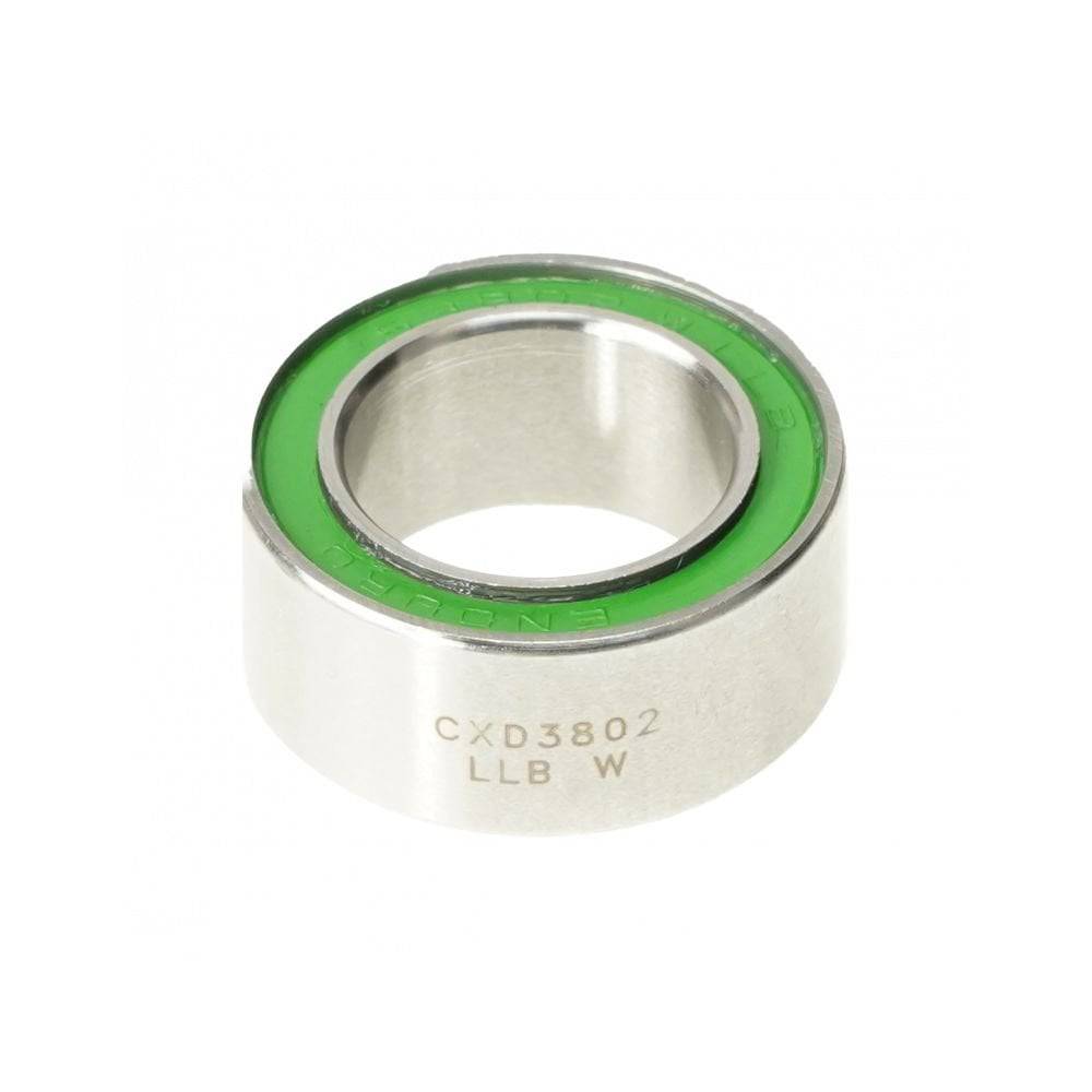 Enduro Bearings 3802 W LLB CXD XD-15 ceramic hybrid bearing, silver and green, 15x24x10mm, for bike components.
