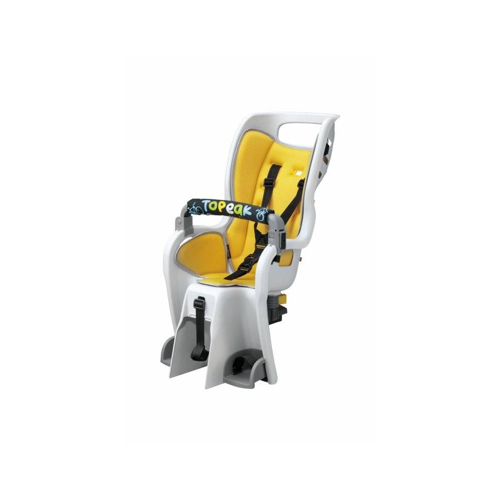 Topeak MTX 2.0 child bike seat with 6-point harness and suspension system for disc brake compatibility, shown mounted on a bike