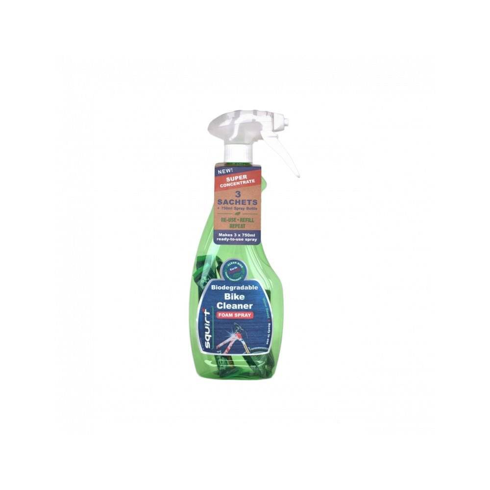 Squirt Bike Cleaner Spray 750ml with 3 green eco-friendly sachets, used for workshop bike cleaning and maintenance.