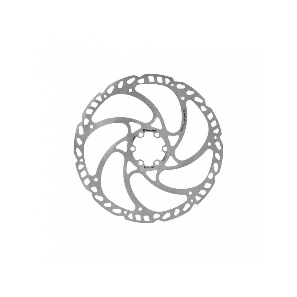 SwissStop Catalyst One 220mm silver 6-bolt brake rotor for bicycle braking components, showcasing durable performance.