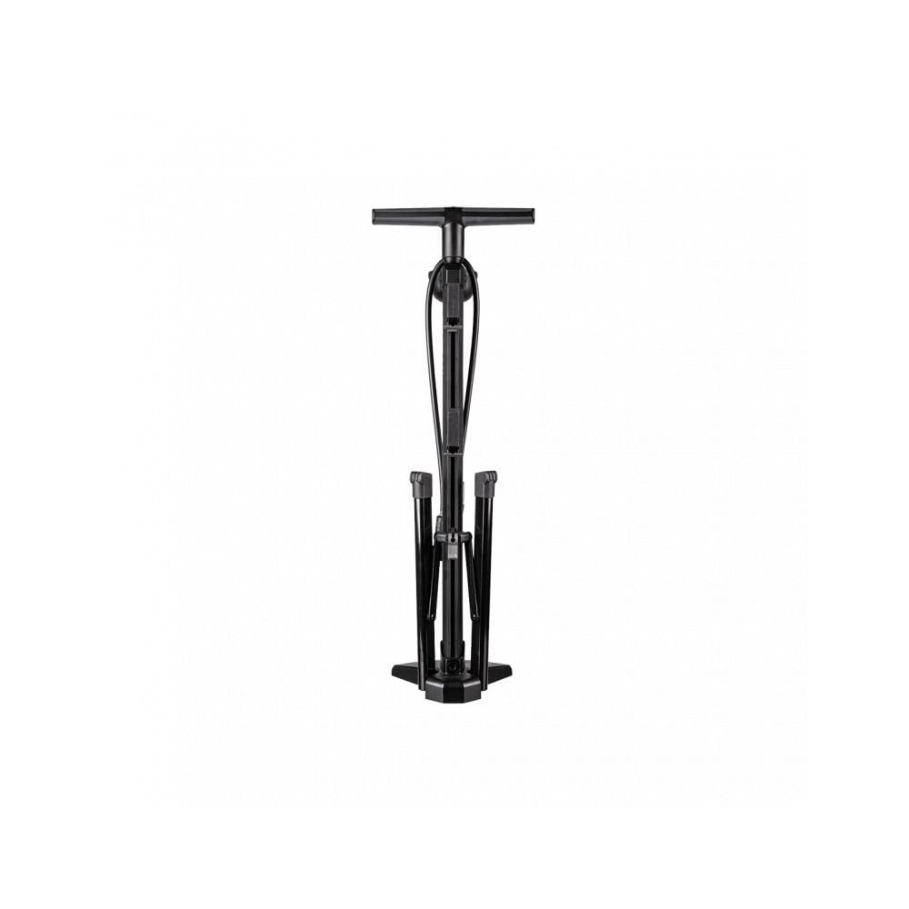 Topeak Transformer Eup Black bike stand and floor pump with TwinHead DX5 valve, showcasing the pump and stand in a garage setting.