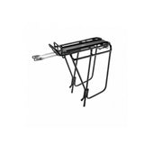 Black Topeak Super Tourist DX rear rack with spring clip for 26-29 inch bikes, non-disc compatible, bicycle accessories.