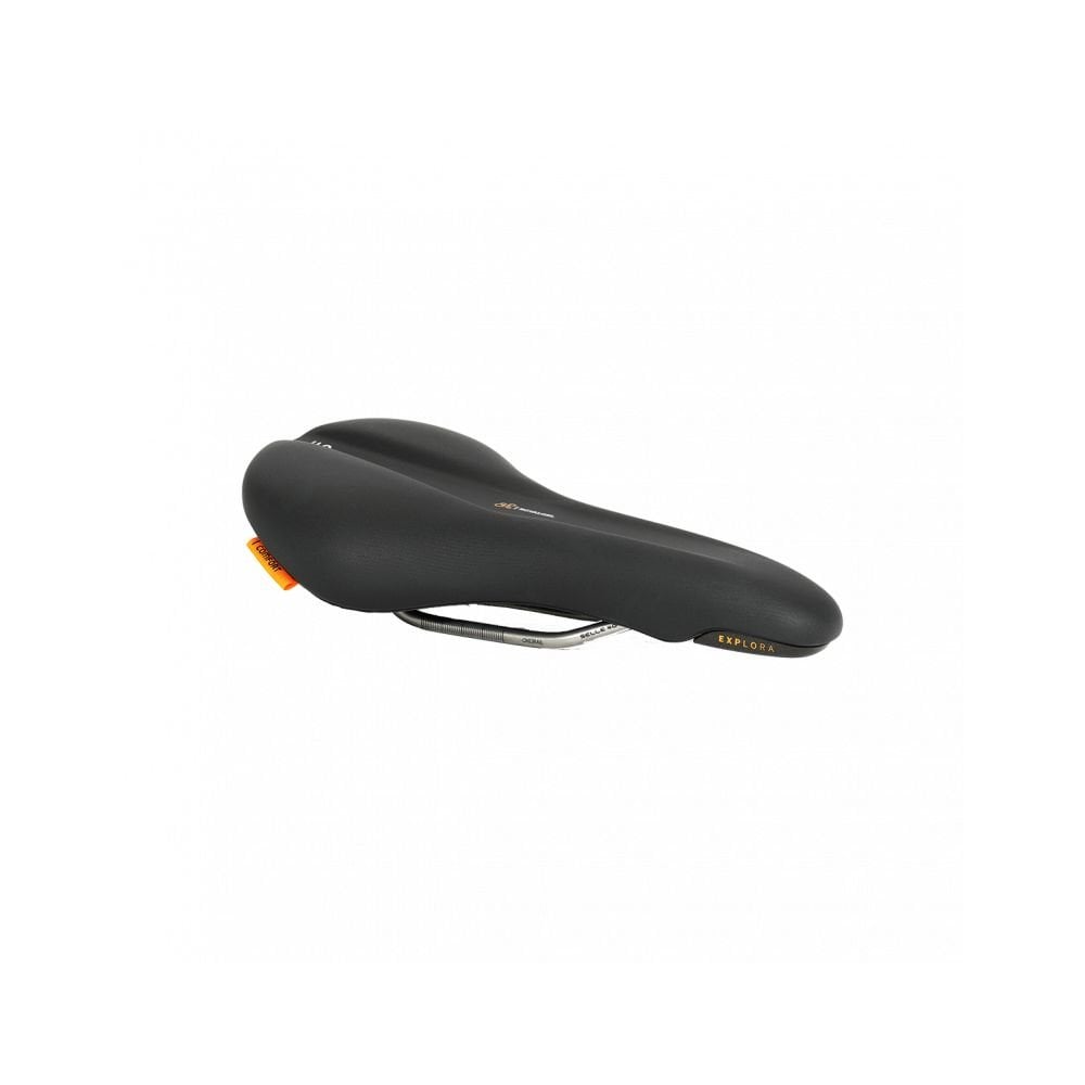 Selle Royal Explora Black athletic bike saddle with Royalgel® padding and ICS system for comfort, shown from the side.