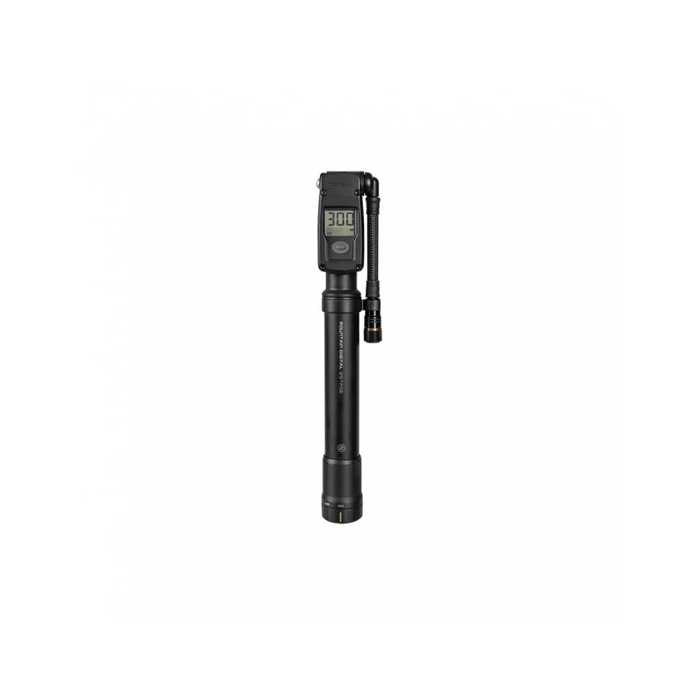 Topeak Mountain Digital 2Stage Pump for mountain bikes with dual pressure modes, featuring digital display and ergonomic handle.