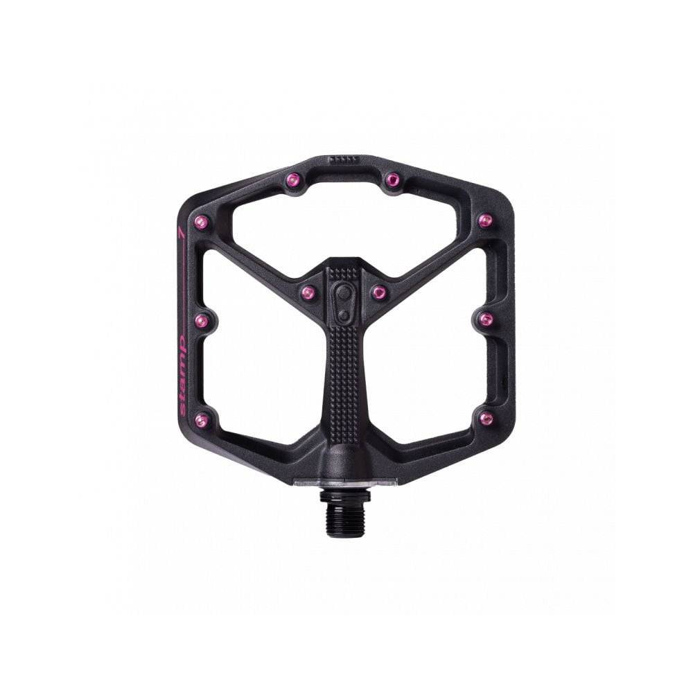 Crank Brothers Stamp 7 black and pink flat MTB pedal with adjustable pins, featuring a durable metal body and grip-enhancing design.