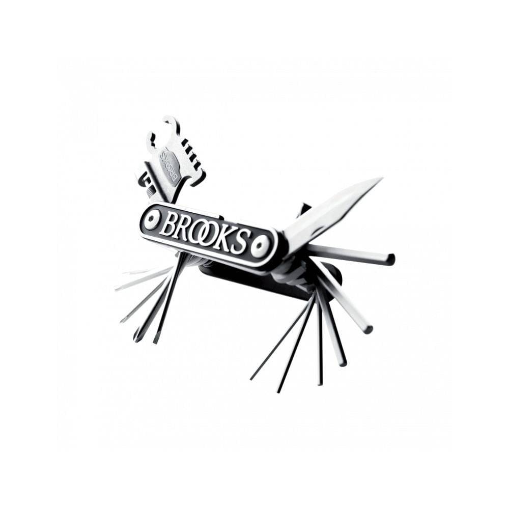 Brooks MT21 multi-tool with leather case for bike repairs, featuring versatile tools in black for travel and workshop use