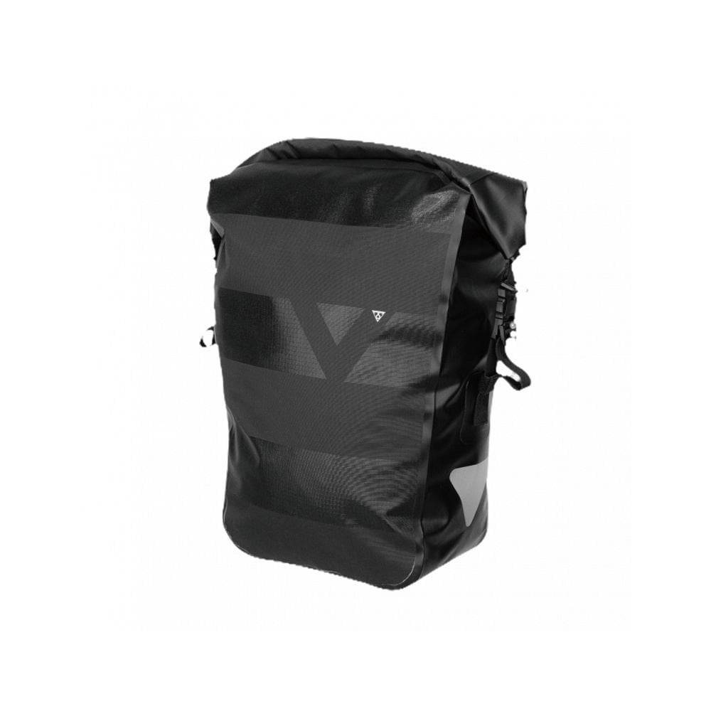 Topeak Drybag Pannier 24L waterproof bike bag with quicklock and handle lock system in black, shown mounted on a bicycle.