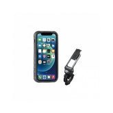 Topeak RideCase for iPhone 12 Mini bike phone mount with QuickClick system, securely holding smartphone on bicycle handlebars.