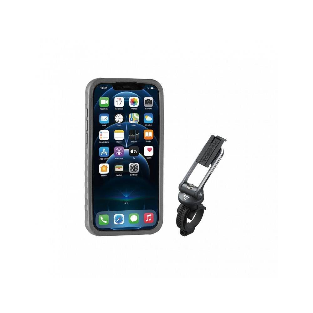Topeak Ridecase phone mount for iPhone 12 Pro Max with QuickClick™ technology, securely holding the device in accessories.