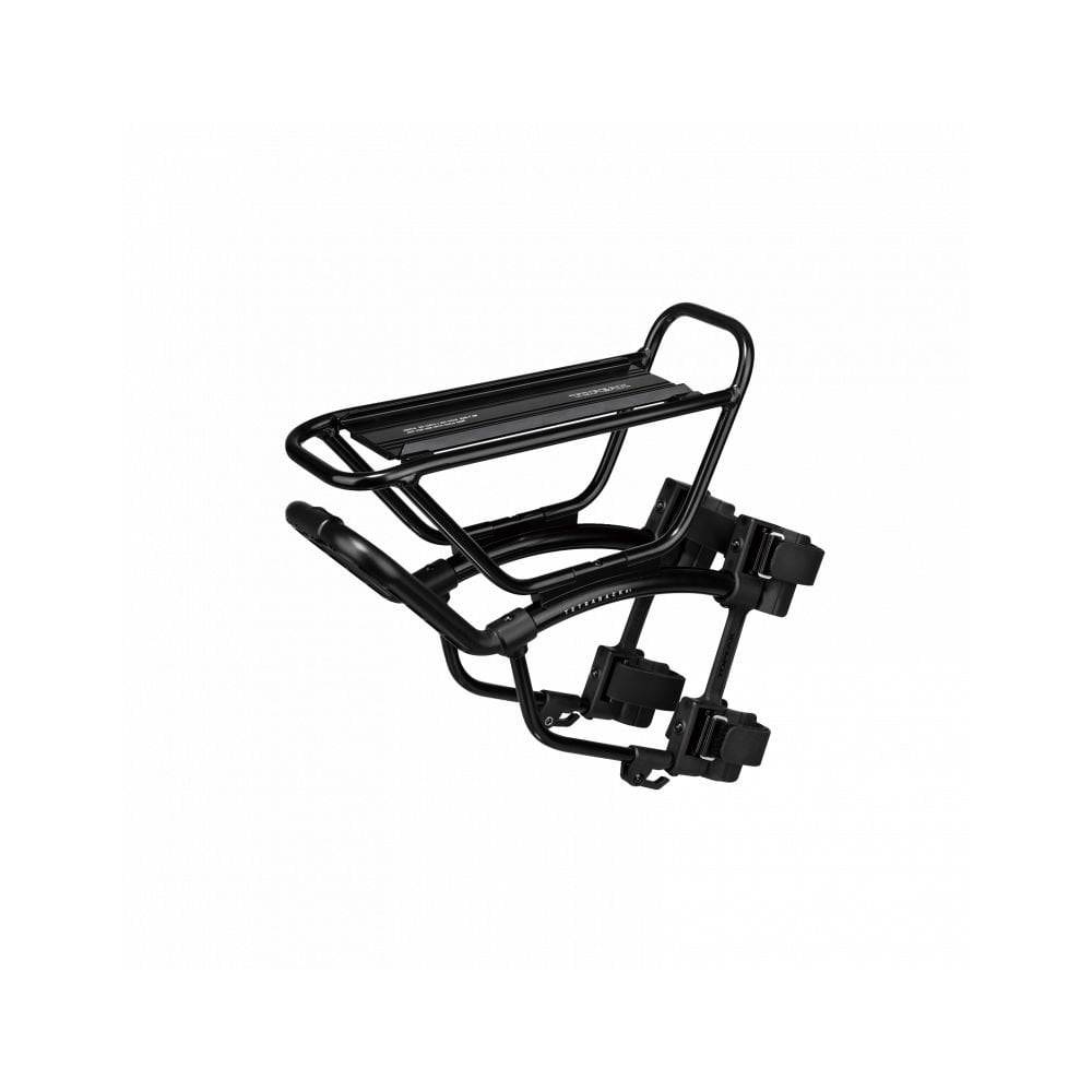 Topeak Tetrarack R1 front rack for road and gravel bikes with rigid forks, black, mounted on bicycle fork for accessories.