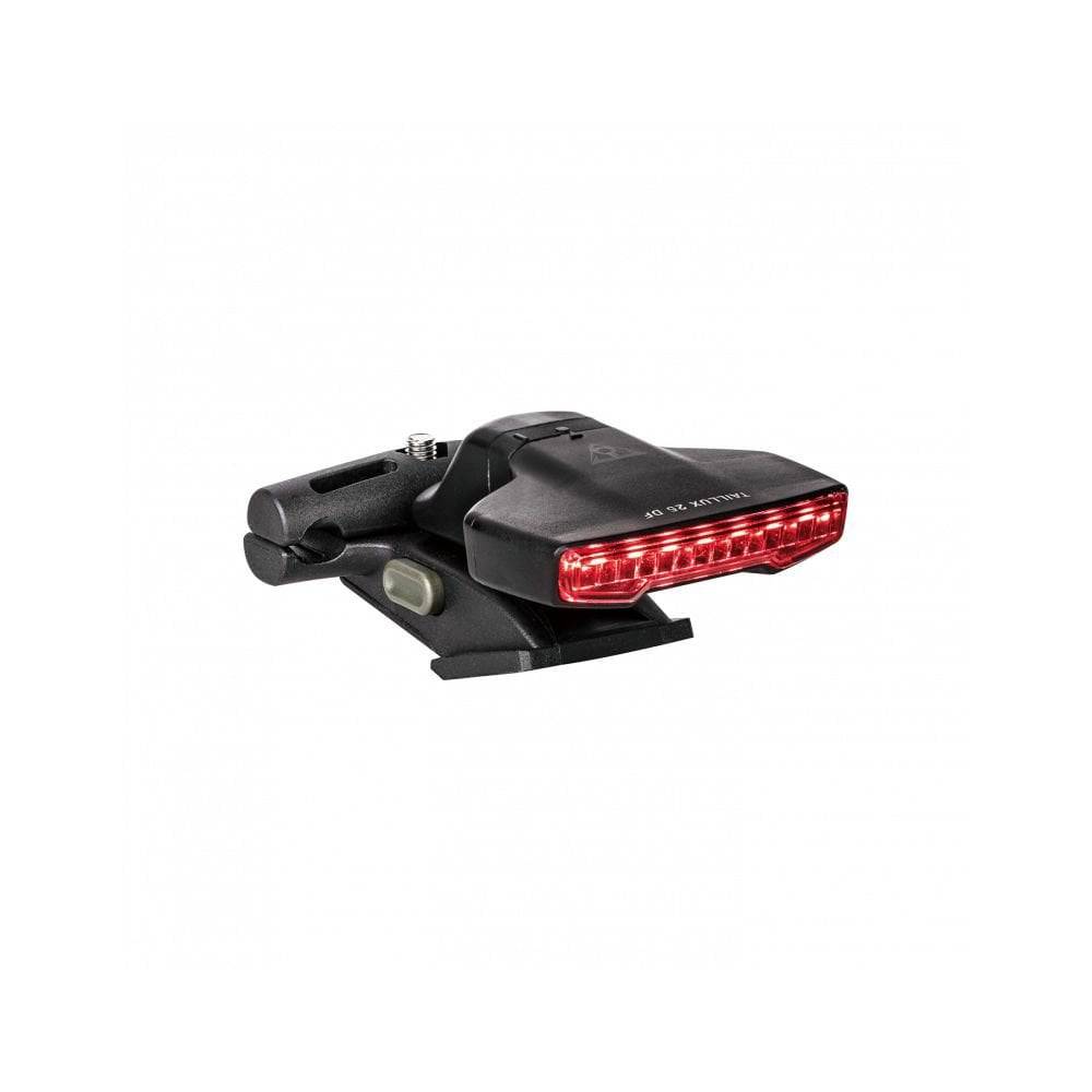 Topeak Taillux 25 rear bike light with Duo Fixer system, USB rechargeable, black, mounted on bike seat post.