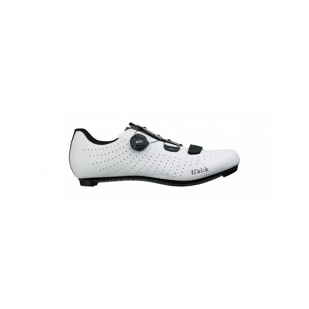 Fizik R5 Tempo Overcurve road cycling shoes with BOA IP1 dial and Velcro strap, featuring a sleek black and red design.