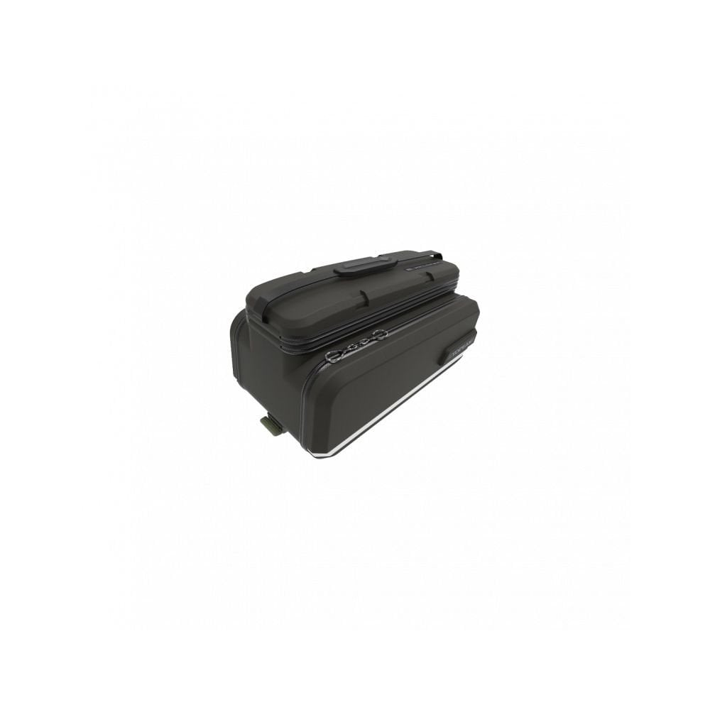 Topeak E-xplorer TrunkBag in black with expandable panniers for eBike battery storage, shown with compartments and zippers.