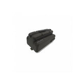 Topeak E-xplorer TrunkBag in black with expandable panniers for eBike battery storage, shown with compartments and zippers.