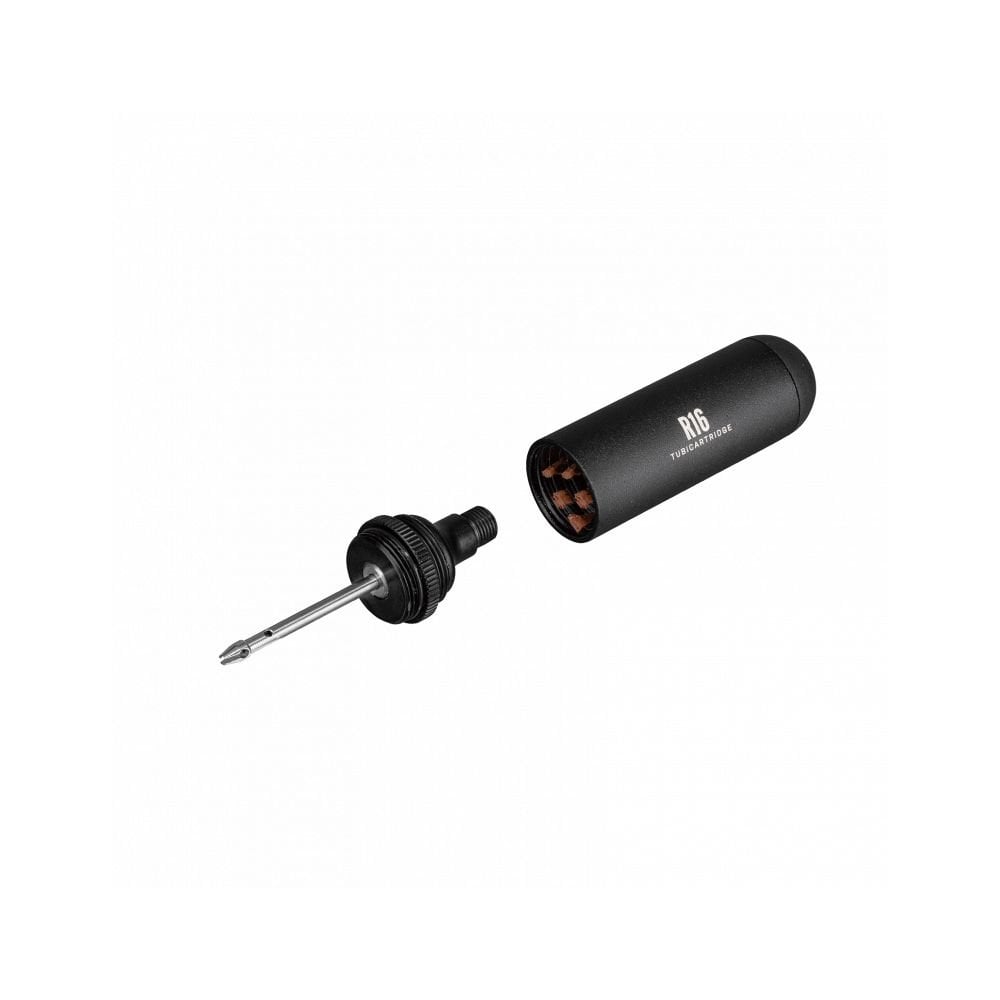 Topeak Tubi Cartridge R16 black storage box for road tubeless tire repair kit, compact component for bike maintenance.