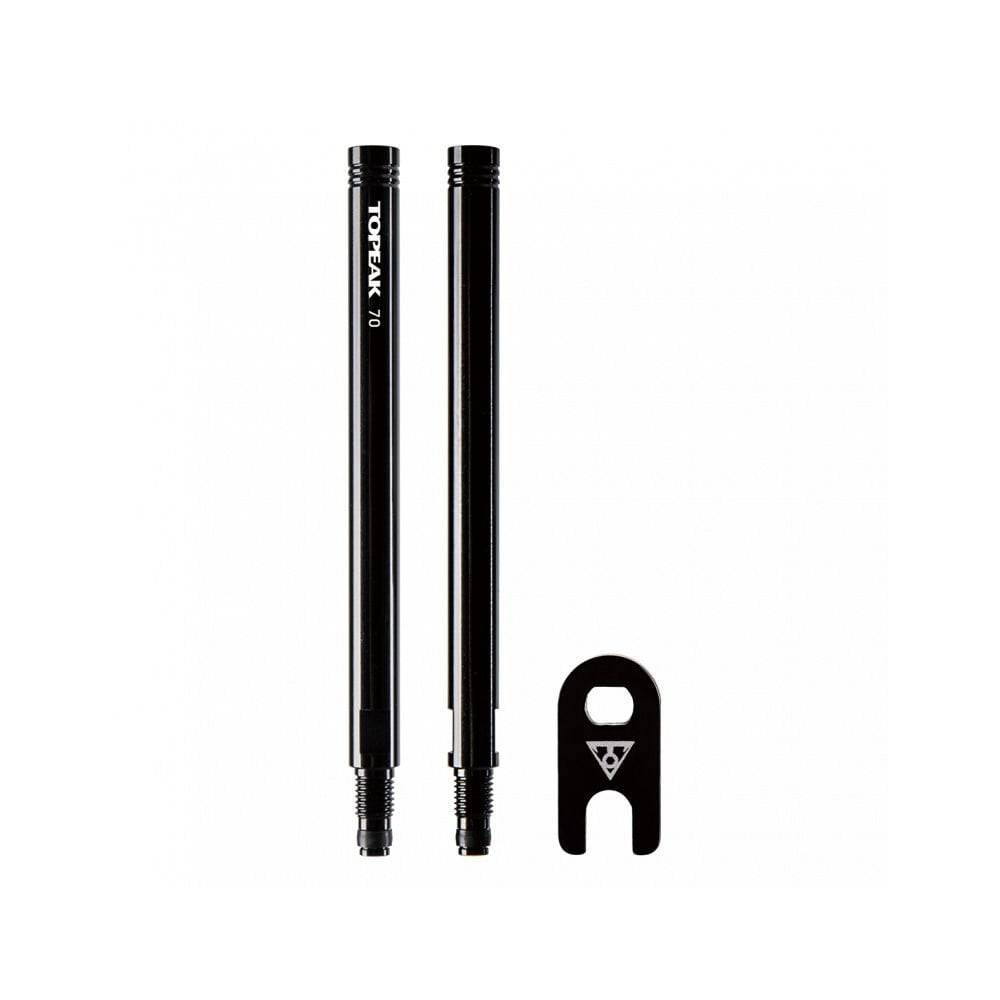 Topeak 70mm Presta valve extender with valve tool, black bike component for easy inflation and valve maintenance.