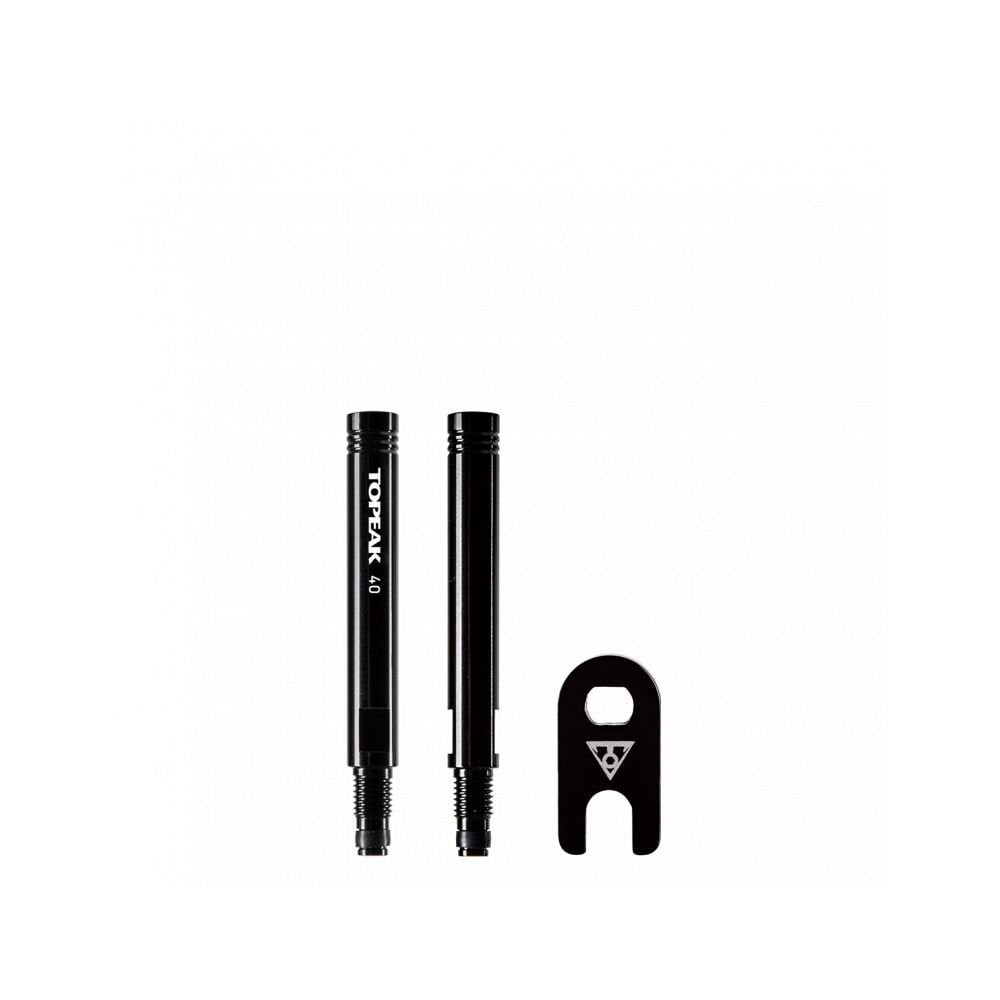 Black Topeak 40mm Presta valve extender with valve tool, designed for two-piece bicycle Presta valves.