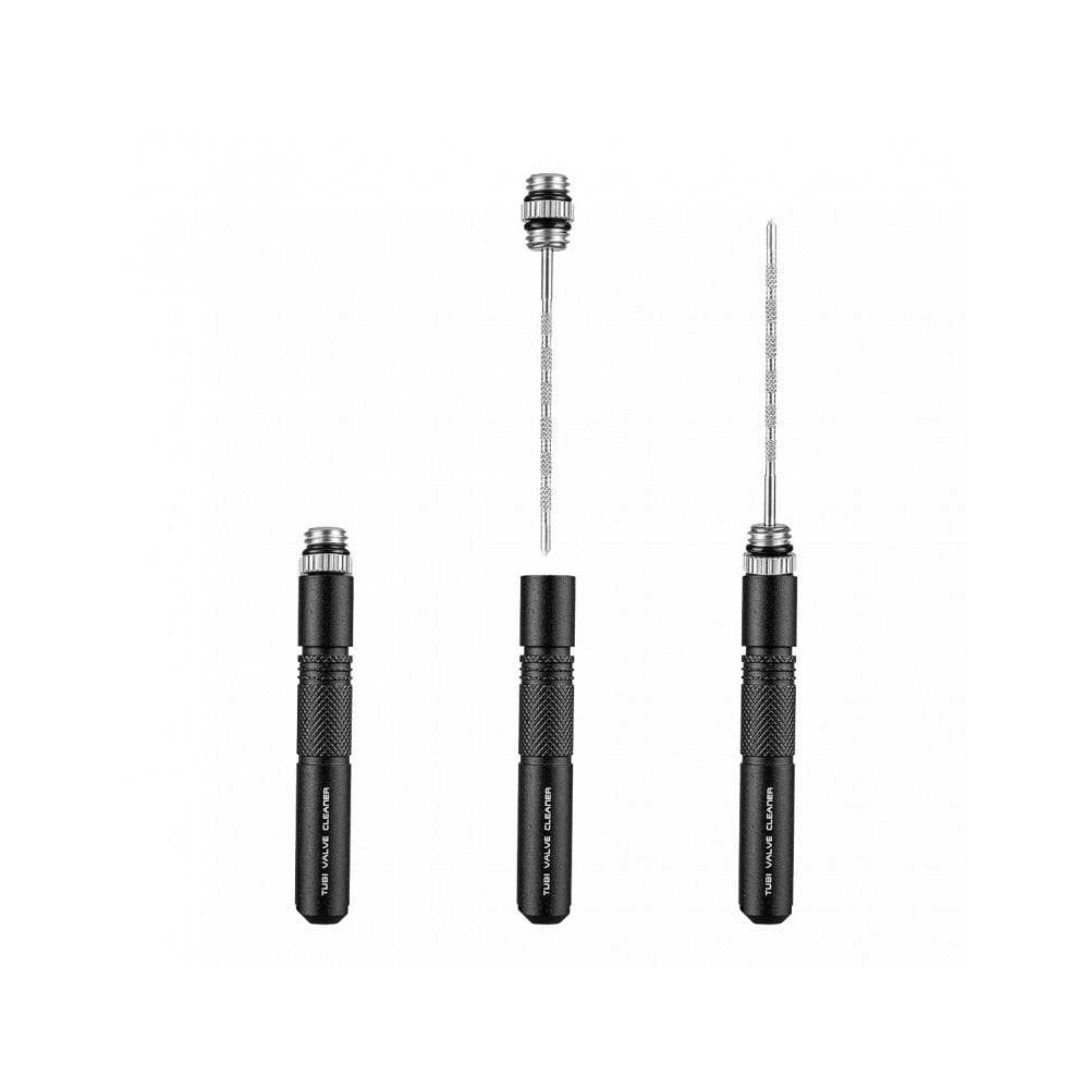 Topeak Tubi Valve Cleaner for tubeless Presta valves, compact black bike tool for cleaning bike valve components.