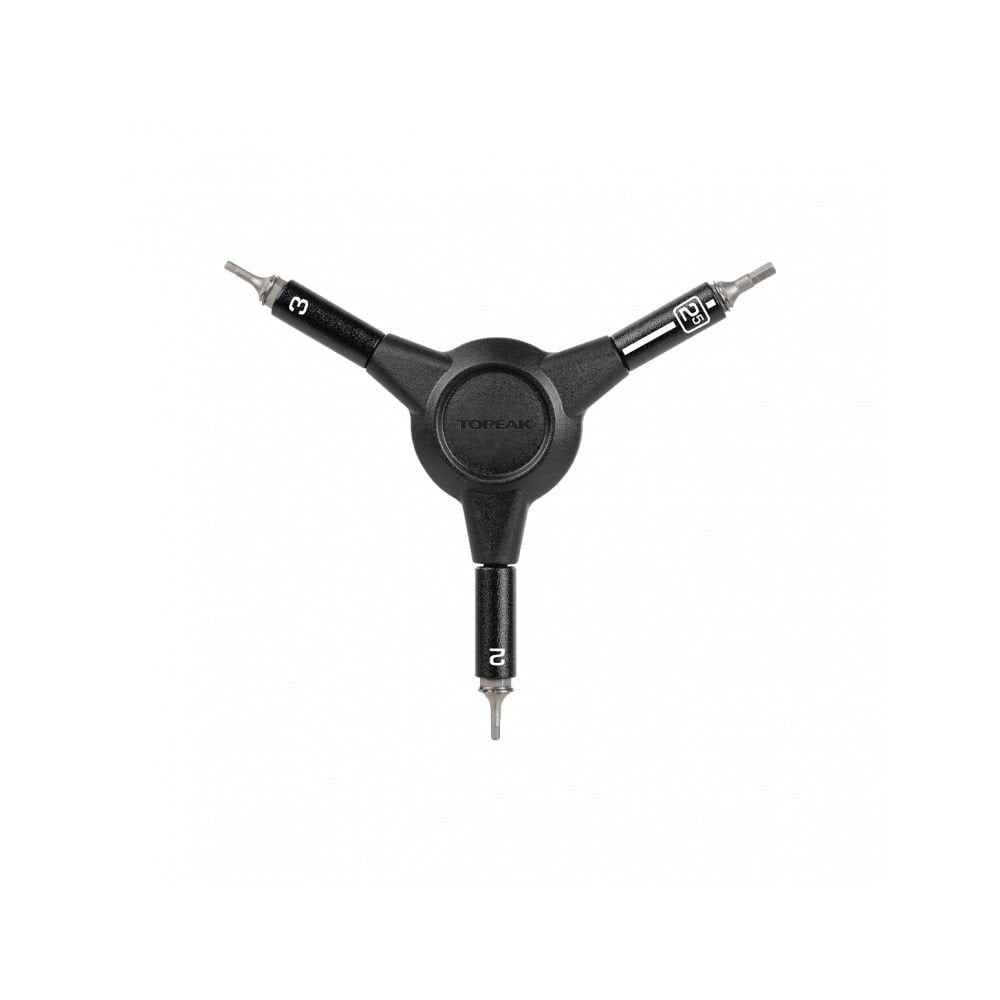 Topeak Y-Hex speed wrench with 2/2.5/3mm hex bits and speed sleeve, black workshop tool for bike maintenance.