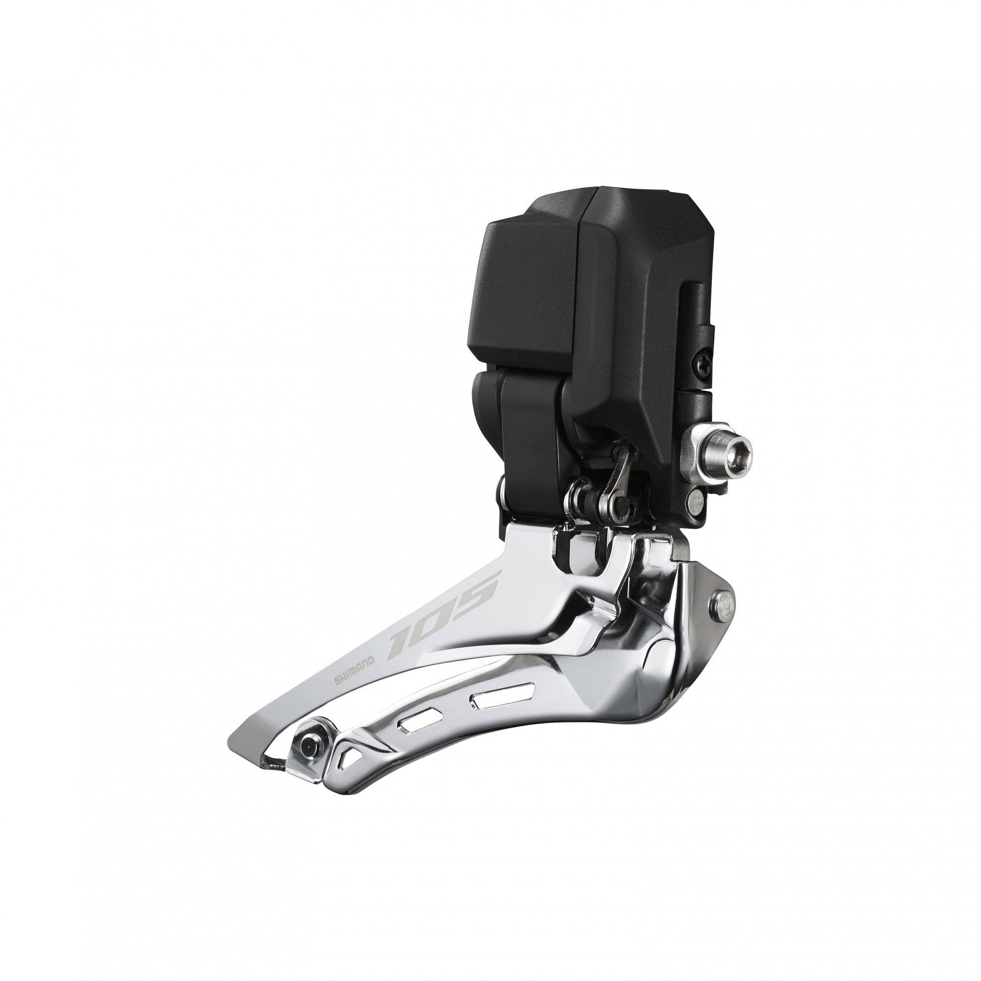 Shimano 105 FD-R7150 Di2 12-speed front derailleur with braze-on mount and E-Tube cable for road bike components.
