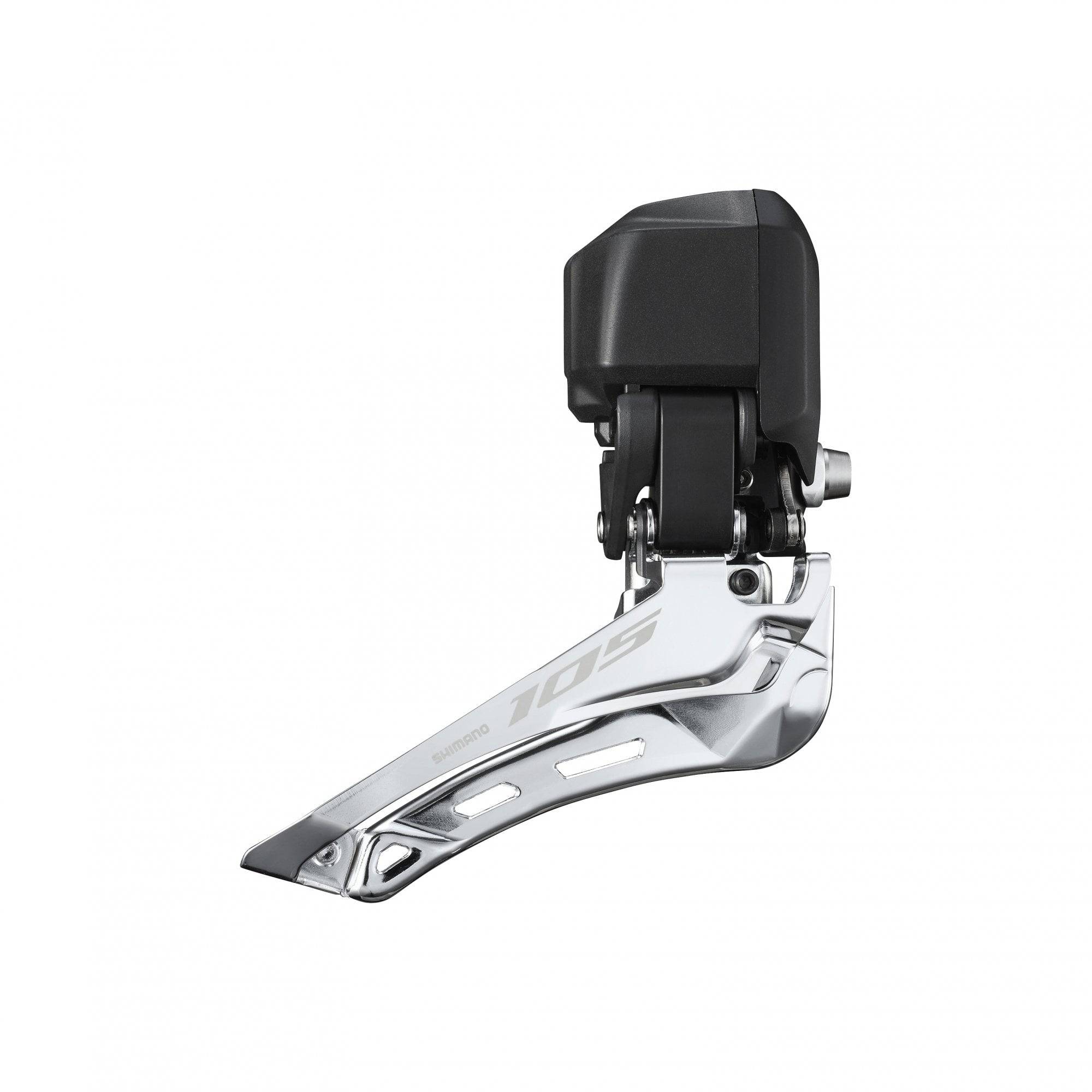 Shimano 105 FD-R7150 Di2 12-speed front derailleur with braze-on mount and E-Tube connection, designed for road bike components.
