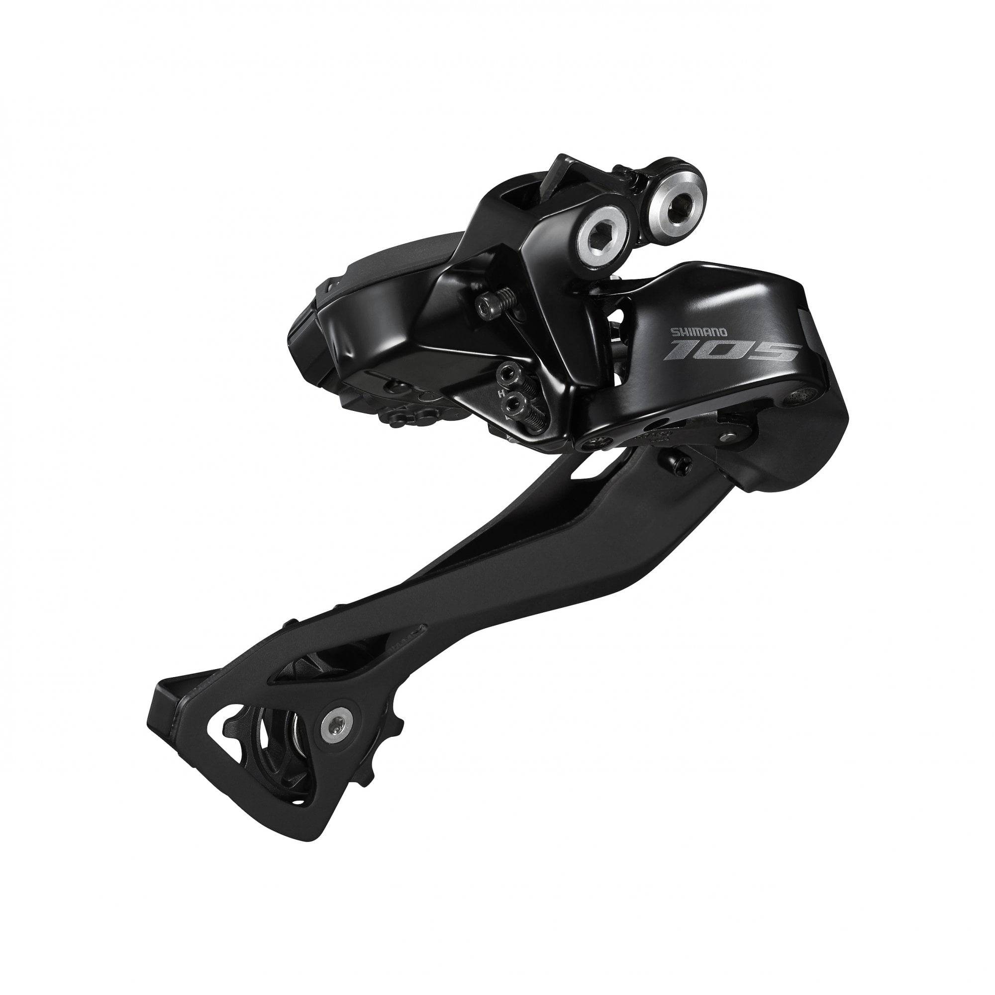 Shimano 105 RD-R7150 Di2 12-speed rear derailleur showing E-Tube port and sleek metal construction for road bike components.