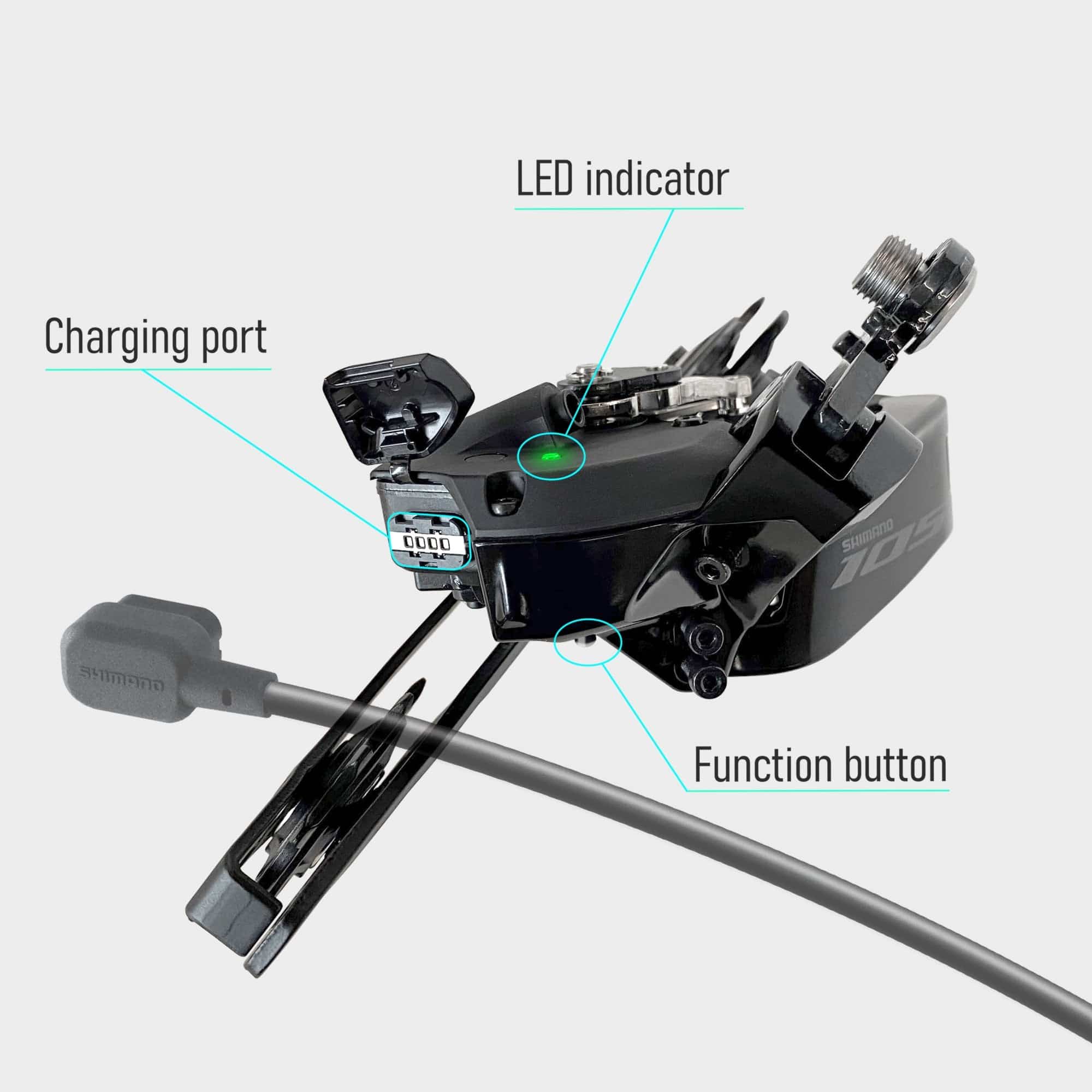 Shimano 105 RD-R7150 Di2 12-speed rear derailleur with E-Tube and ANT+ connectivity, showing the sleek Shimano component design.