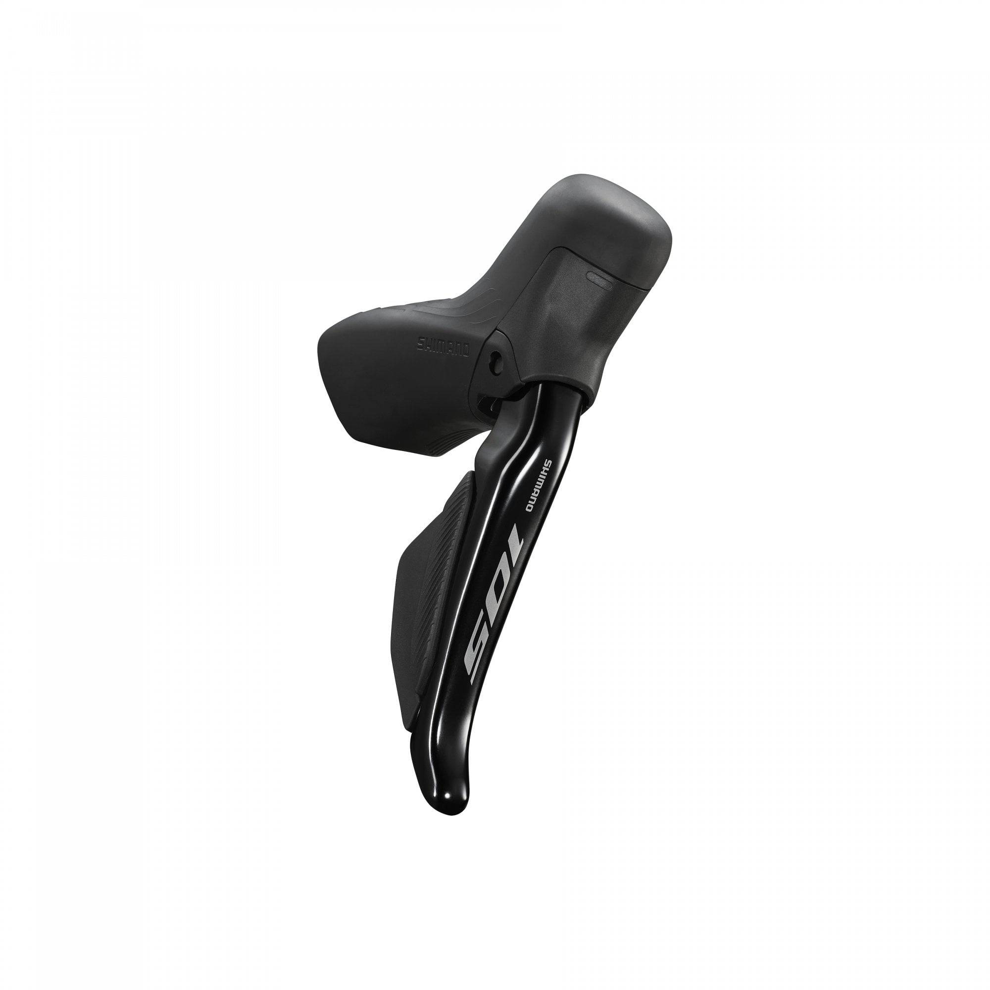 Shimano 105 ST-R7170 double hydraulic Di2 road shifters with wireless connectivity, mounted on a bike handlebar.