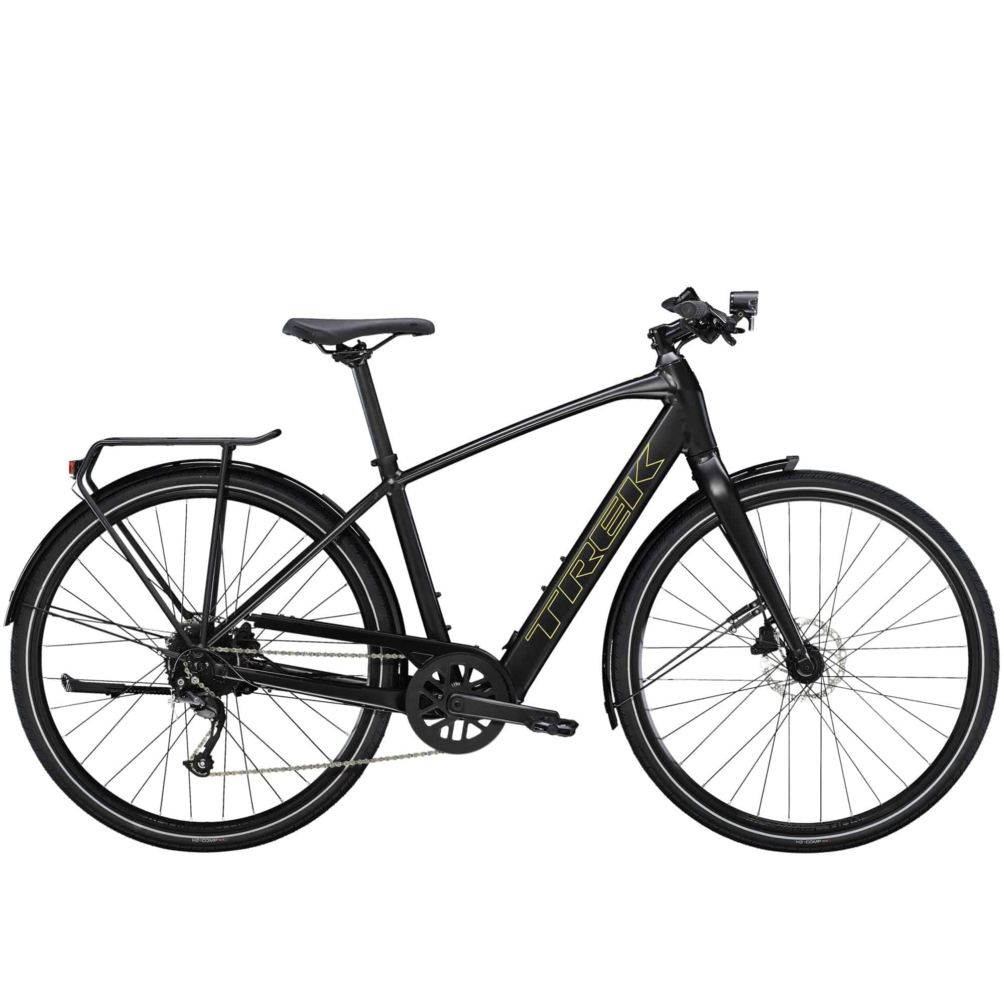 Trek FX+ 2 e-hybrid bike with HyDrive pedal assist, front lights, mudguards, and rear rack, ready for urban commuting.