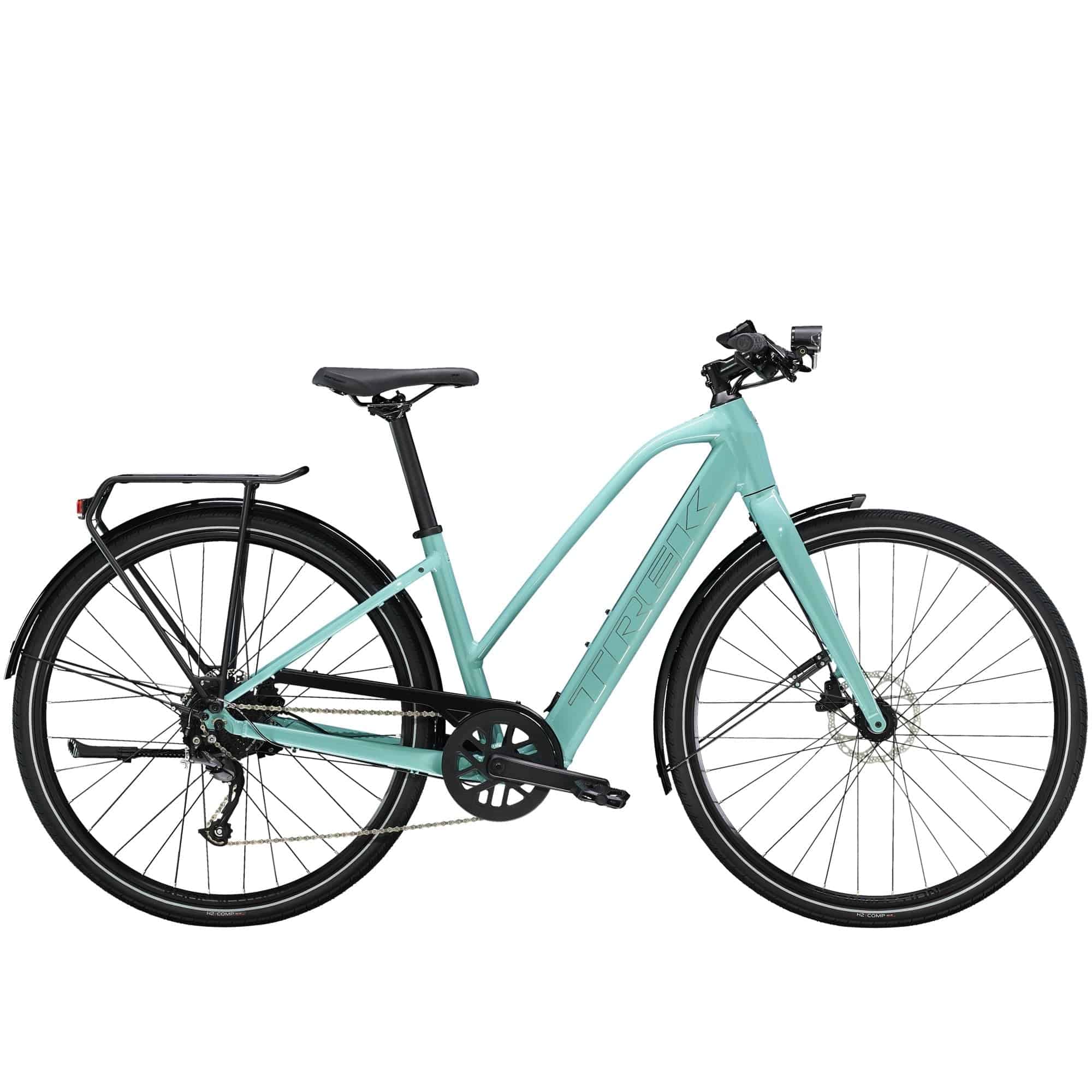 Trek FX+ 2 Stagger Women’s e-hybrid bike with Shimano Altus M2000 gears and optional range extender battery.
