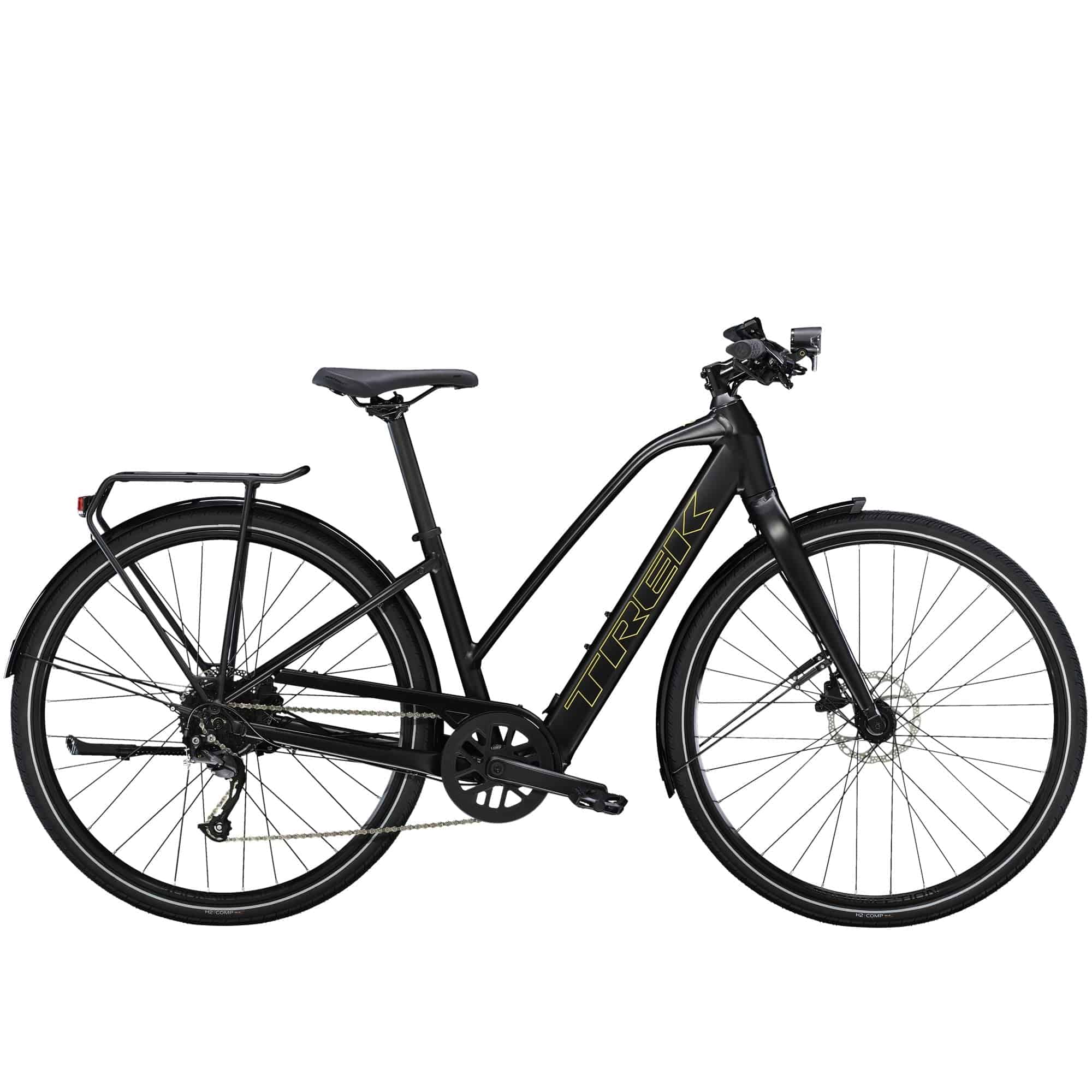 Trek FX+ 2 Stagger women’s e-hybrid bike with Shimano Altus M2000 gears and optional range extender battery, shown outdoors.