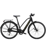 Trek FX+ 2 Stagger women’s e-hybrid bike with Shimano Altus M2000 gears and optional range extender battery, shown outdoors.
