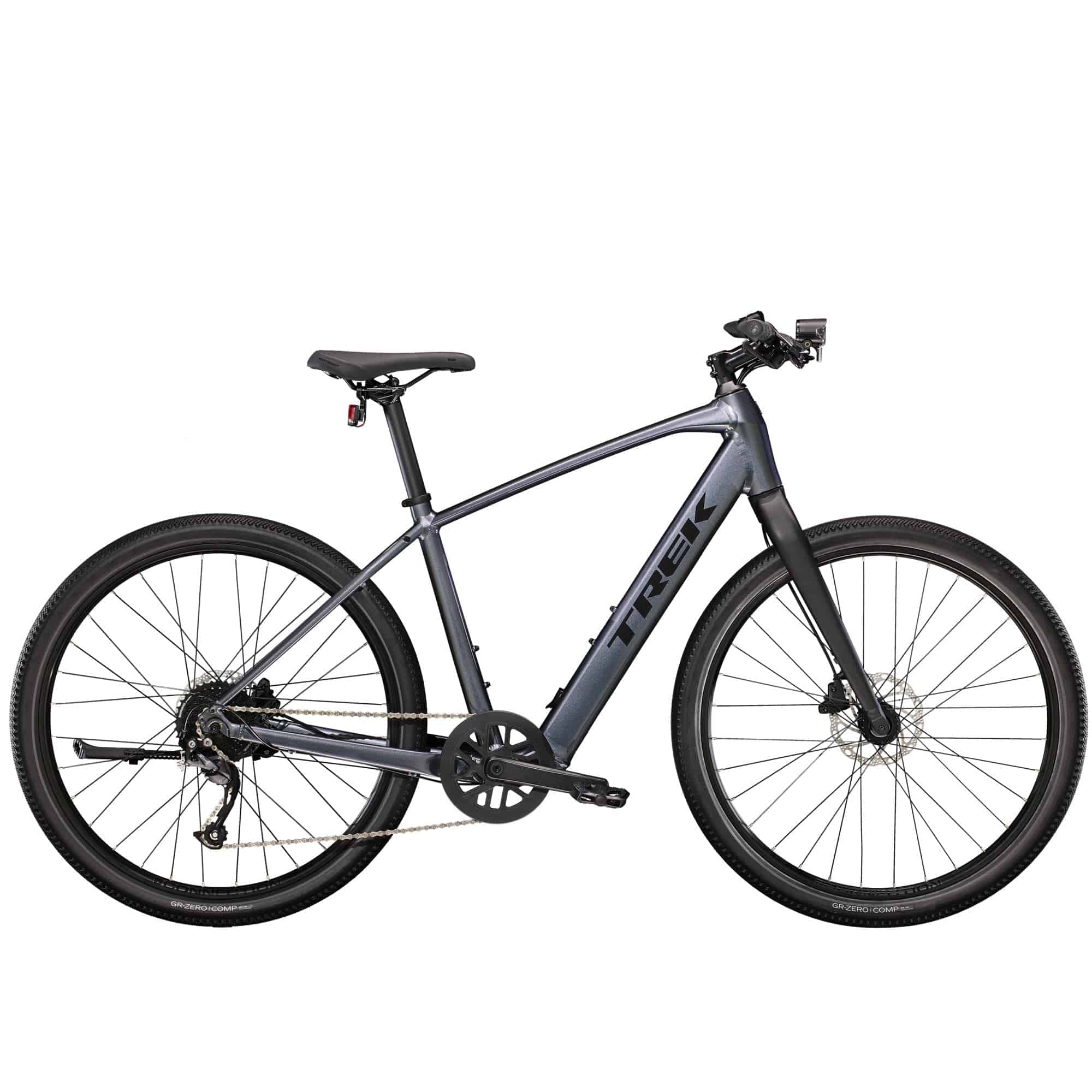 Trek Dual Sport+ 2 e-hybrid bike with HyDrive pedal assist, equipped with versatile accessories for versatile riding.