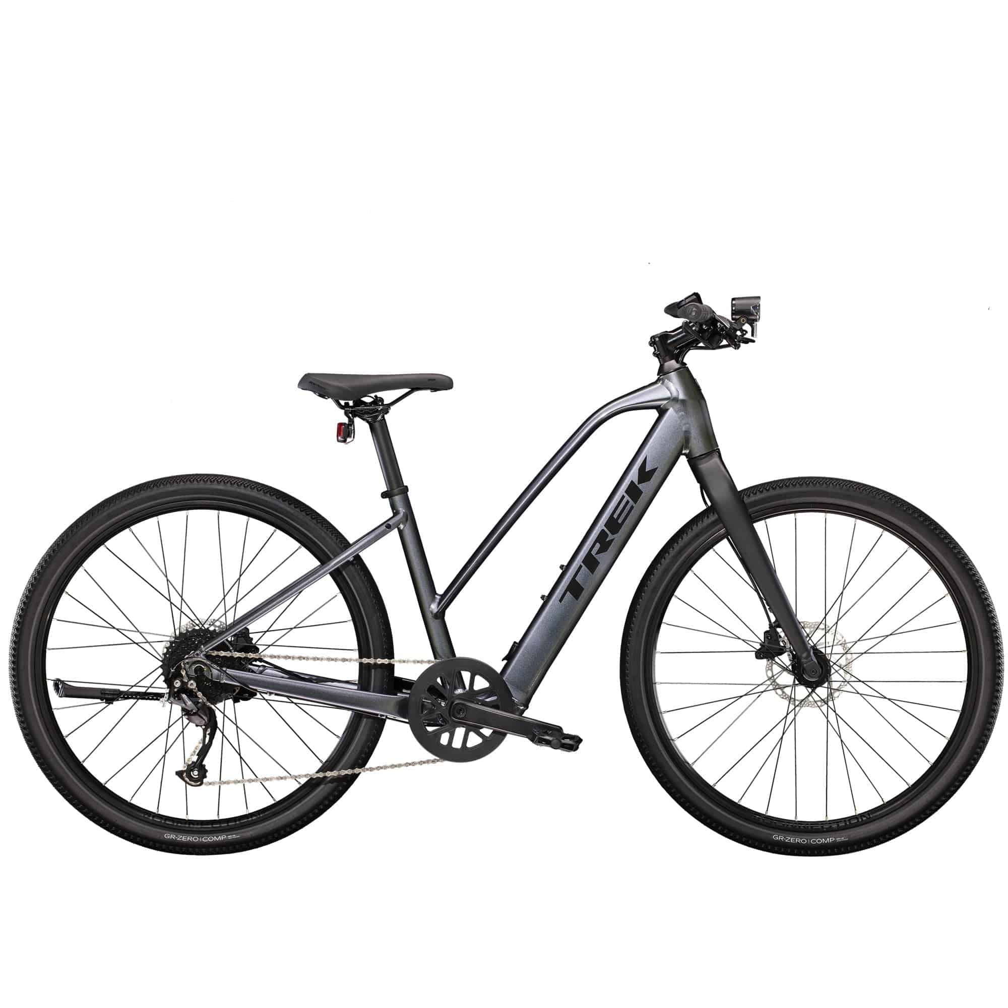 Trek Dual Sport+ 2 Stagger women’s e-hybrid bike with Shimano Altus M2000 gears and HyDrive motor, shown with frame and components.