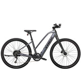 Trek Dual Sport+ 2 Stagger women’s e-hybrid bike with Shimano Altus M2000 gears and HyDrive motor, shown with frame and components.