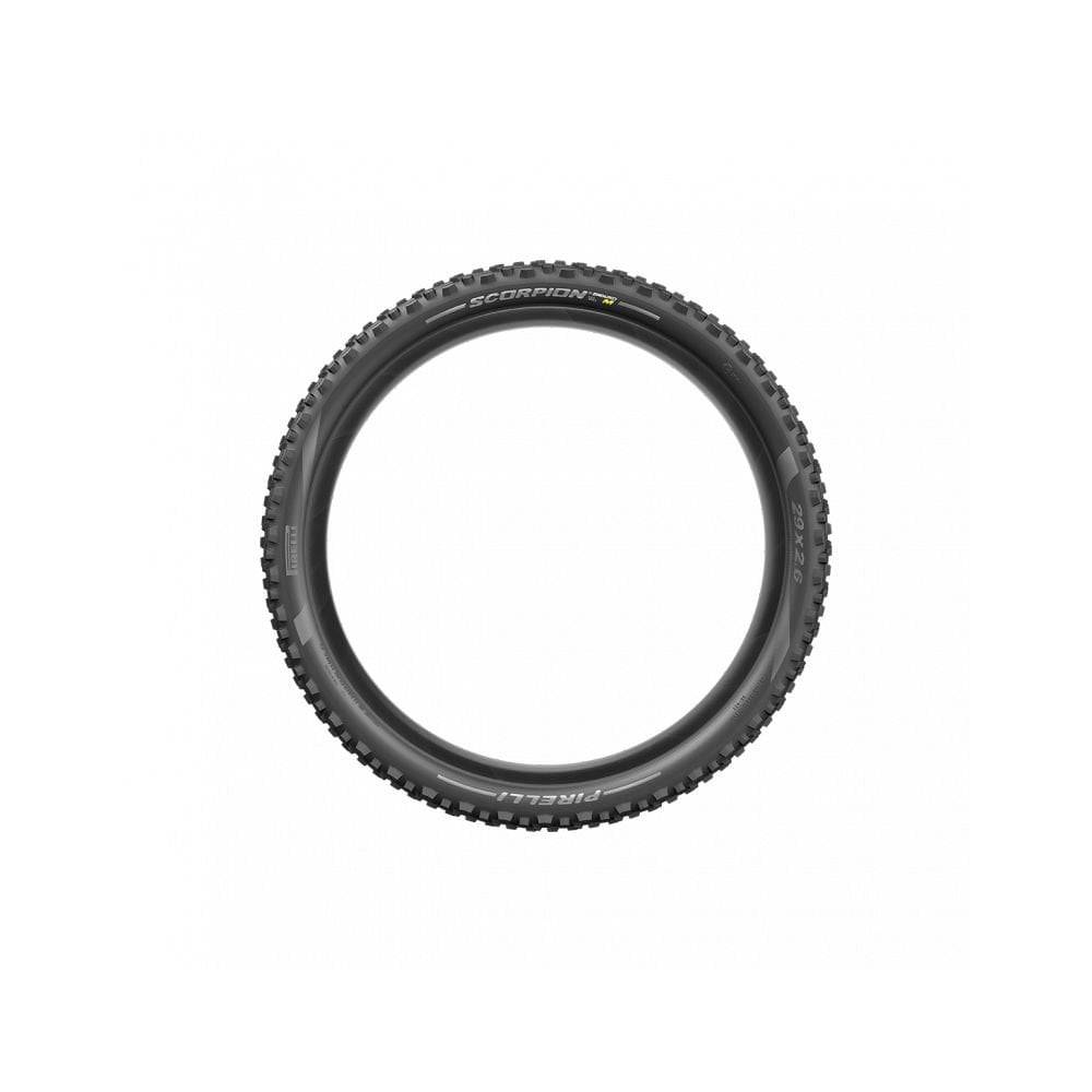 Pirelli Scorpion Enduro M tyre with ProWALL and SmartGRIP Gravity for trail and XC racing, shown mounted on a bike wheel.
