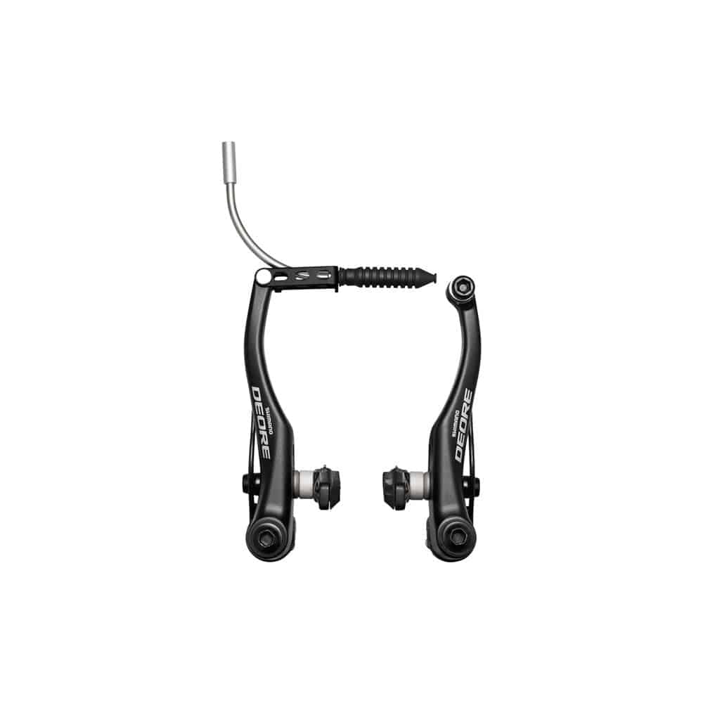 Shimano Deore BR-T610 V-brakes with S70C pads for mountain bike stopping power, mounted on a mountain bike wheel.