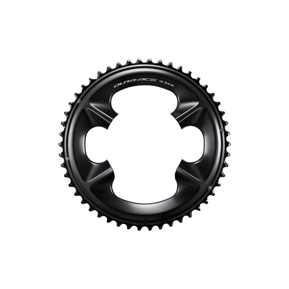 Shimano Dura-Ace 12-speed outer chainring 50T for 50/34T cranksets, black metal bicycle component with gear teeth.