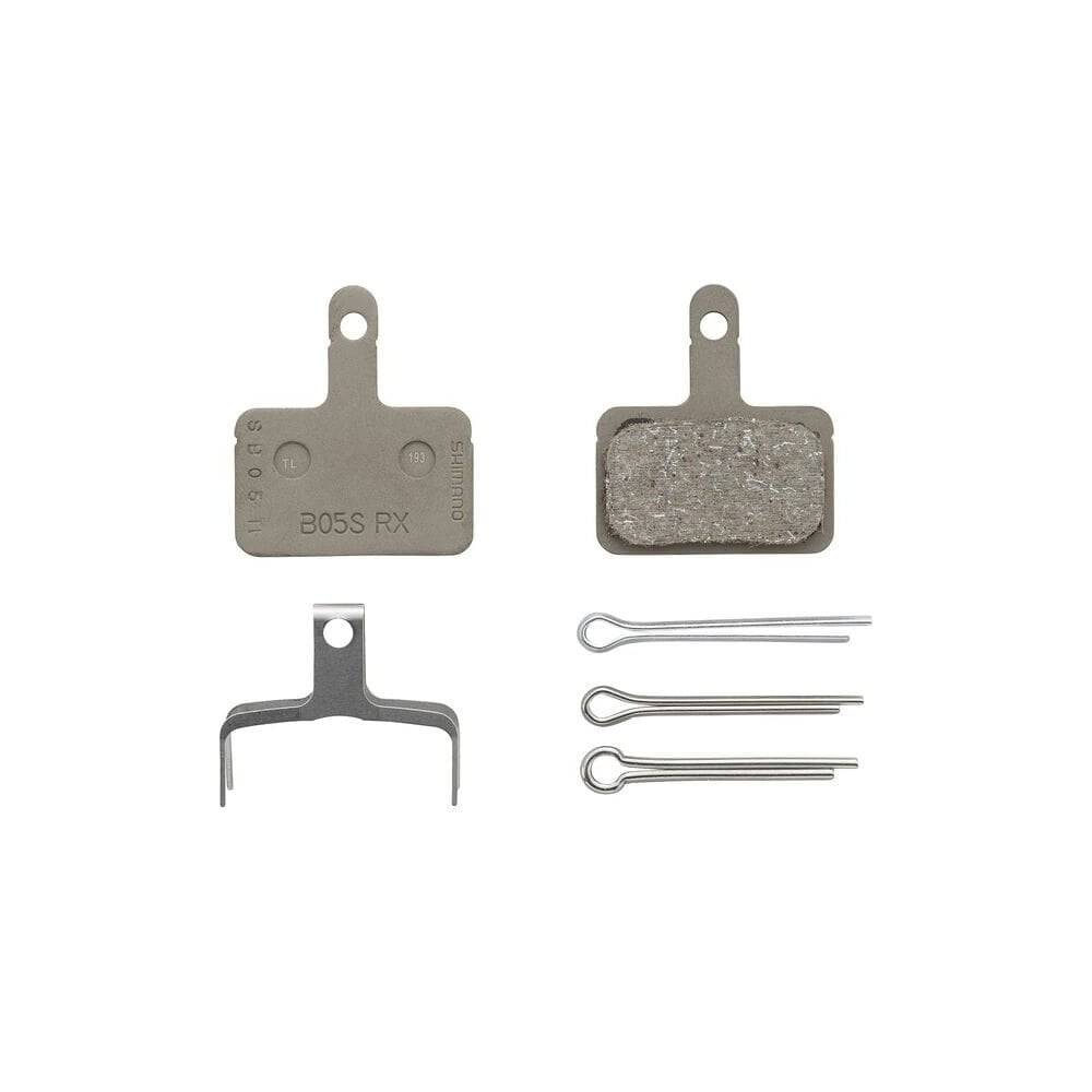 Shimano B05S-RX resin disc brake pads with spring for 2-piston e-bike brakes, durable component for reliable stopping power.