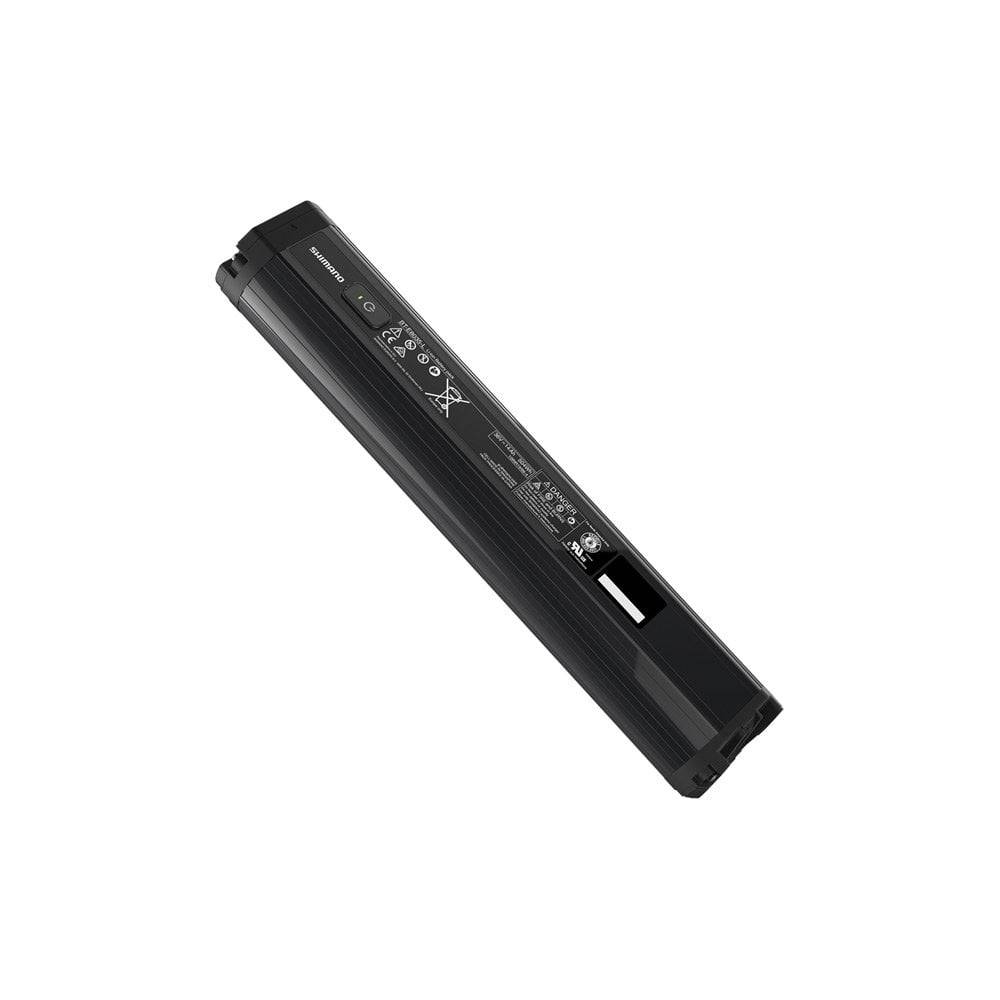 Shimano STEPS BT-E8035-L 504Wh long fit down tube e-bike battery installed on a bike frame, showcasing its integration and design.
