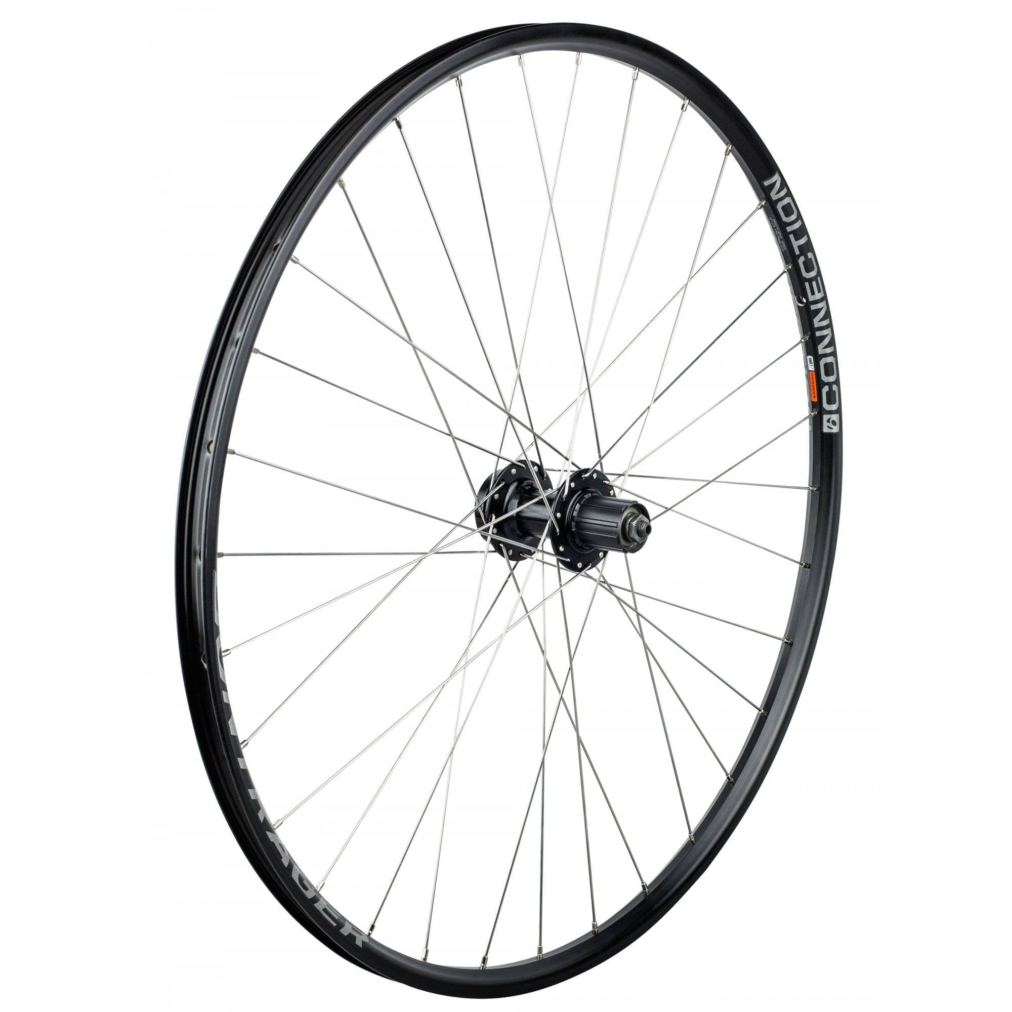 Bontrager 700C rear MTB wheel with 6-bolt disc brake, 32H black connection DC-22 rim for mountain biking components.