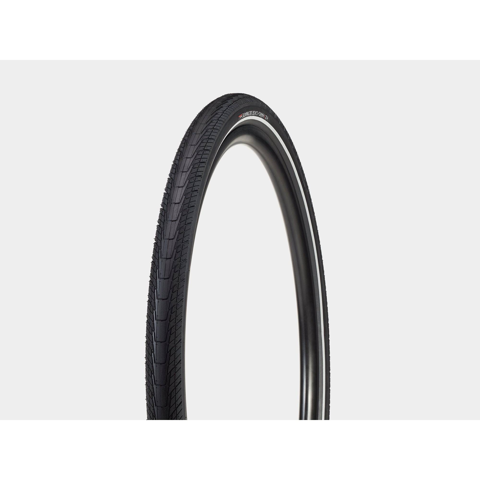 Bontrager H2 Hard-Case Ultimate bike tire with puncture protection and reflective sidewalls, designed for durability and visibility.