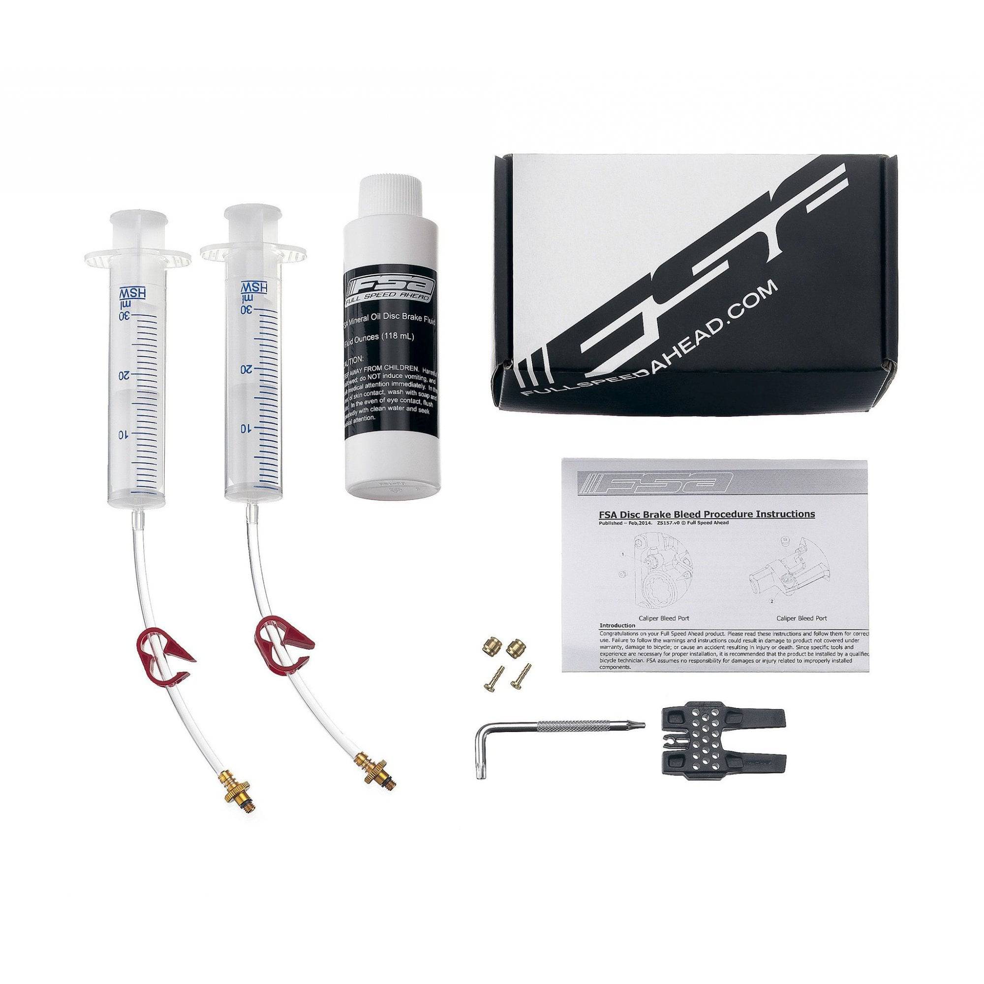 FSA K-Force WE RDB hydraulic disc brake bleed kit with tools and components for workshop brake maintenance.