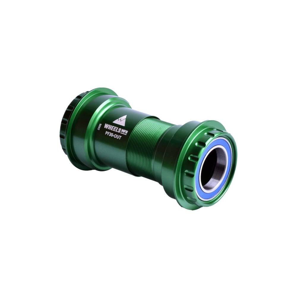 Wheels Manufacturing PF30 outboard bottom bracket with ABEC-3 bearings for 24mm cranks, featuring green outer shell.