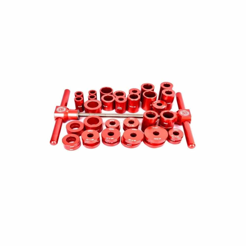Wheels Manufacturing Bike Bearing Press Pro Kit with handles and various sizes for bottom bracket and thru axle installation.