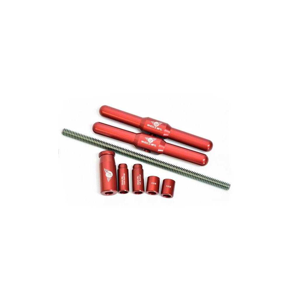 Wheels Manufacturing shock bushing press kit with workshop tool for 12mm and 1/2 size bushings removal and installation.