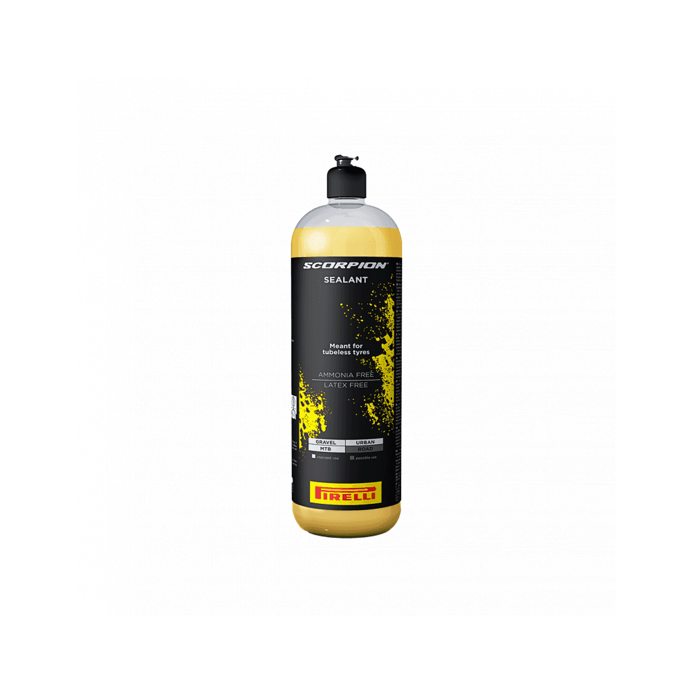 Pirelli Seal Scorpion tubeless sealant for gravel, MTB, and urban bike tires, shown in a clear container.