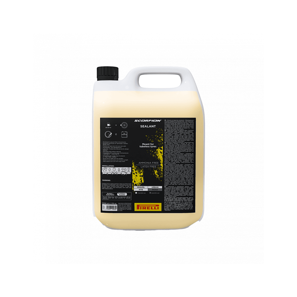 Pirelli Seal Scorpion tubeless sealant for gravel, MTB, and urban bike tires, shown in a container with branding.