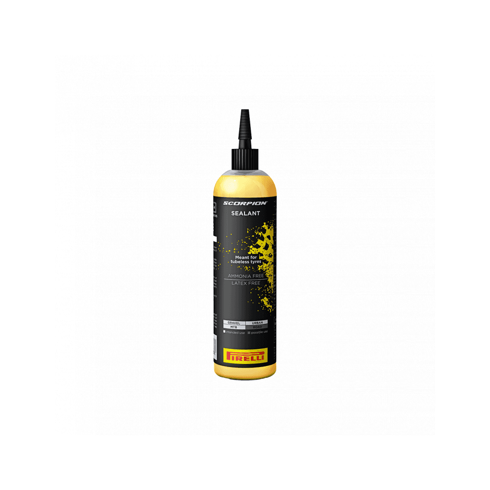 Pirelli Seal Scorpion tubeless sealant for gravel, MTB, and urban bike tires, shown in a container with product label.