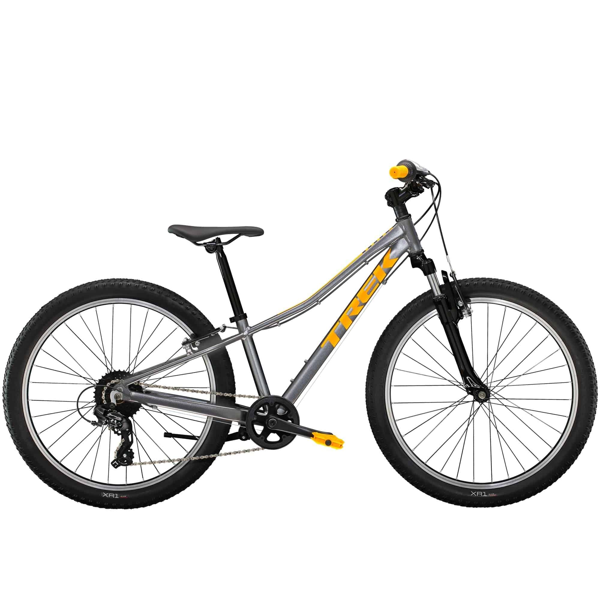 Trek Precaliber 24 Kids Bike with 8-speed twist shifter and suspension, featuring a lightweight frame and colorful design.